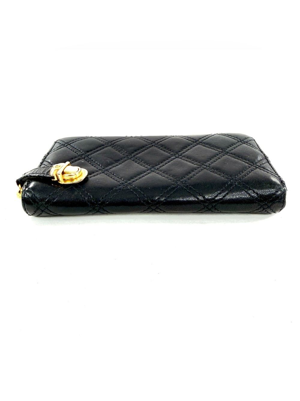 Marc Jacobs Black Quilted Leather Large Zip Around Wallet Clutch Brass Push Lock - Picture 3 of 10